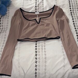 Le Lis Tan Long Sleeve Crop Top with Navy Trim